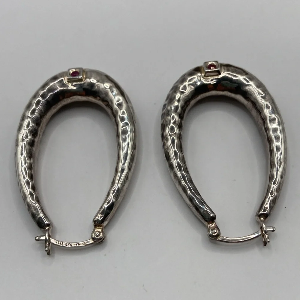 Elle Sterling Silver 925 Ruby Oval Hammered Earrings Pierced 1 3/4”L
